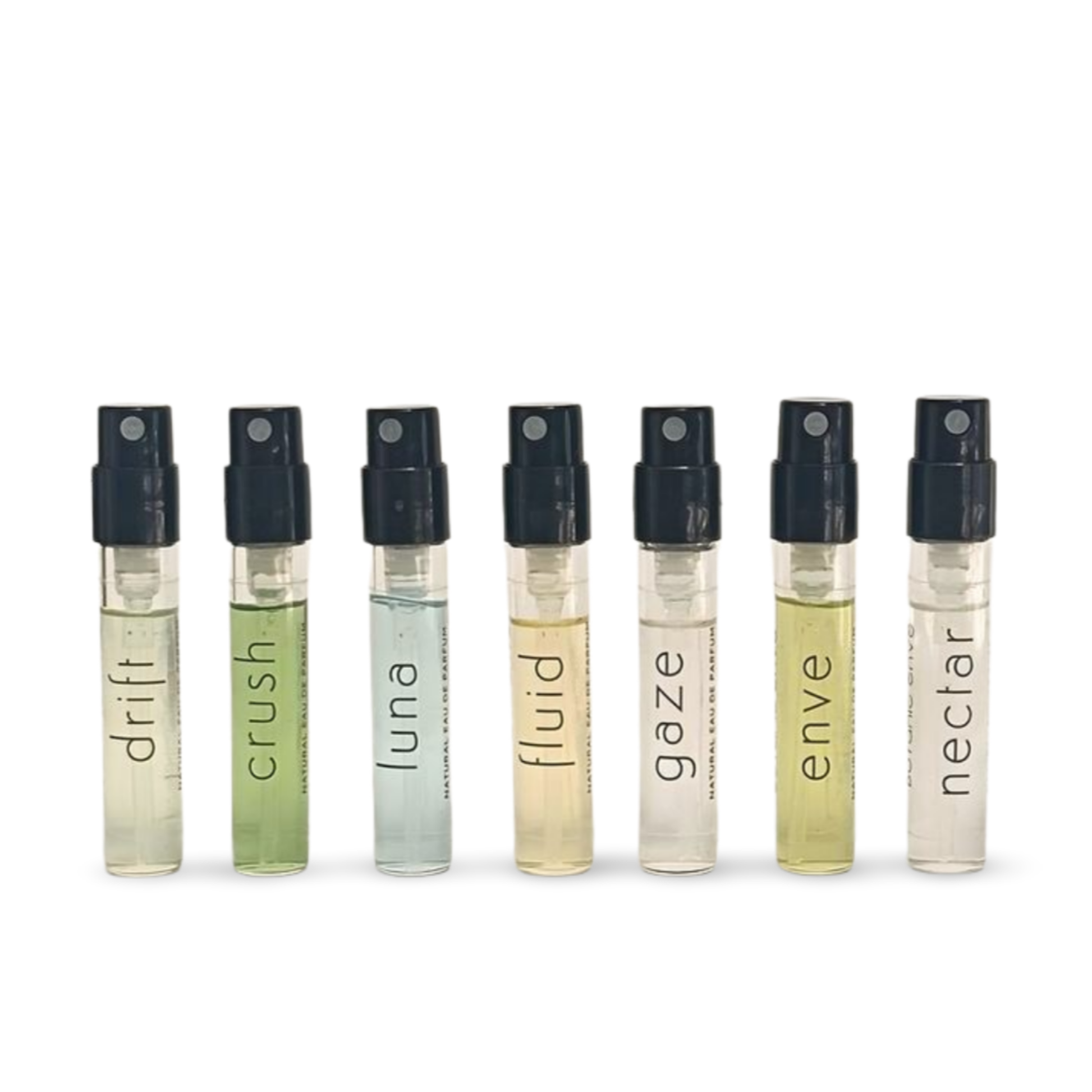Set of seven small spray bottles with different names on a white background