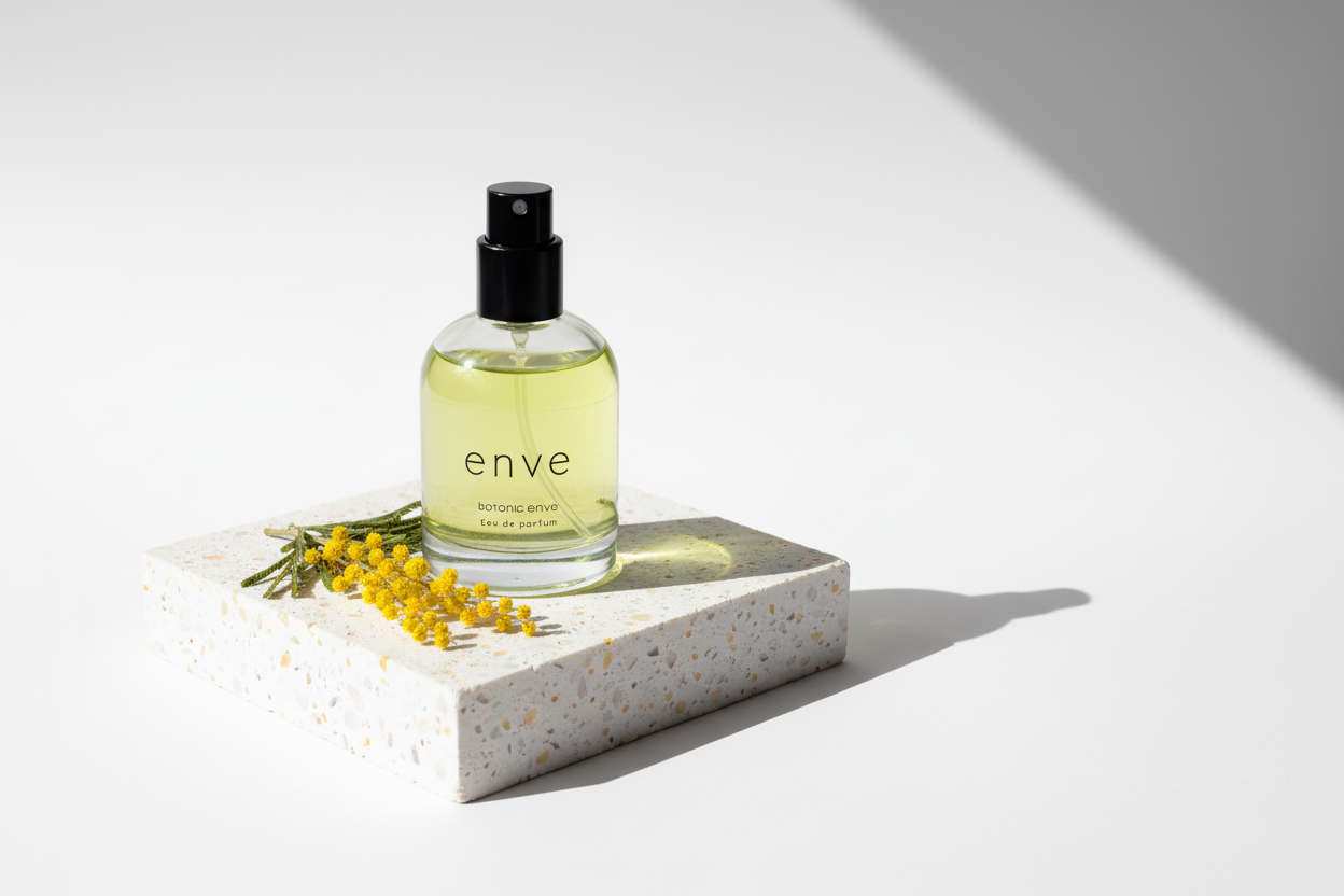 Enve fragrance bottle positioned center-left with balanced spacing